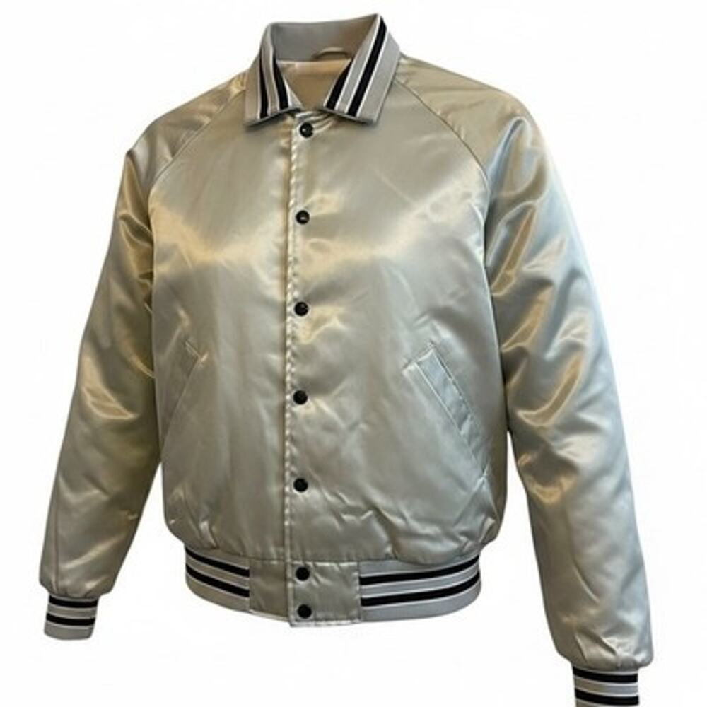 Vtg 80s Aristo Jac Silver Satin Bomber Jacket M Retro Varsity Silver Black USA